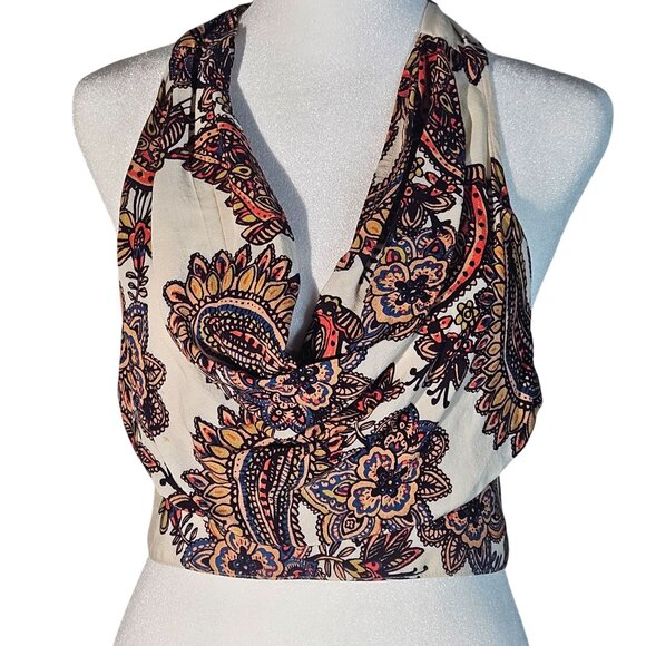 Free People Paisley Drape Halter Crop Top Boho Festival Summer Style Size XS - Picture 2 of 13